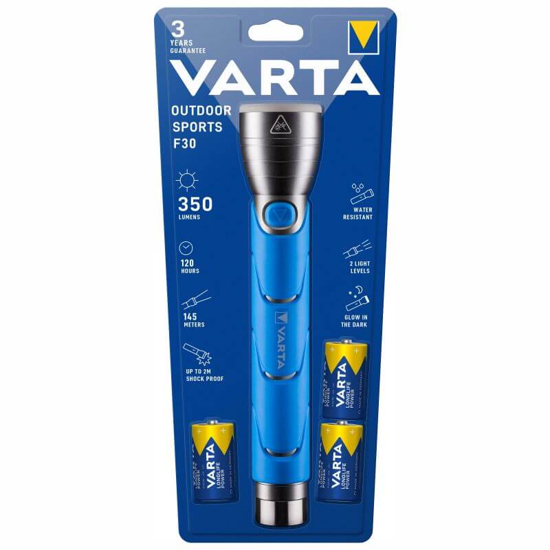 Varta Outdoor Sports F30 Taschenlampe mit 3x C Batterien LED-Taschenlampe Taschenlampe